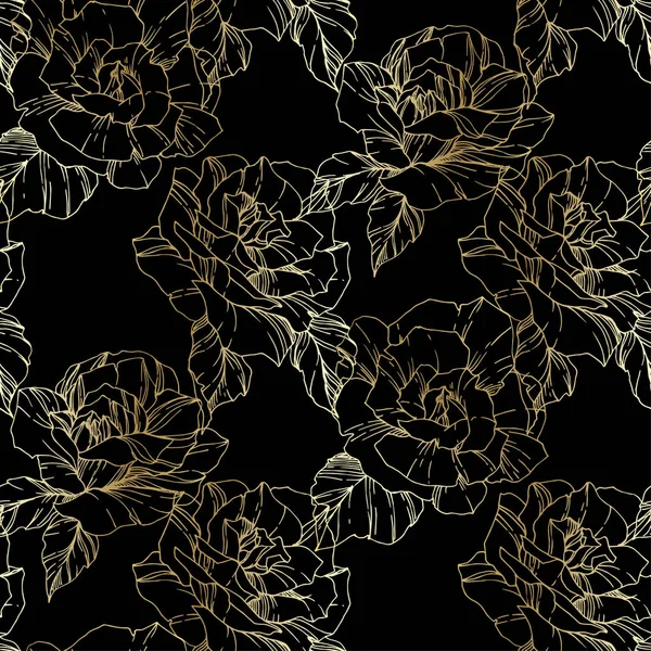 Beautiful vector roses. Golden engraved ink art. Seamless background pattern. Fabric wallpaper print texture. — Stock Illustration Beautiful Vector Roses Golden Engraved Ink Art Seamless Background Pattern Stock Illustration