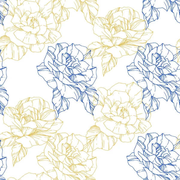 Beautiful vector roses. Golden and blue color engraved ink art. Seamless background pattern. Fabric wallpaper print texture. — Stock Illustration Beautiful Vector Roses Golden Blue Color Engraved Ink Art Seamless Royalty Free Stock Vectors