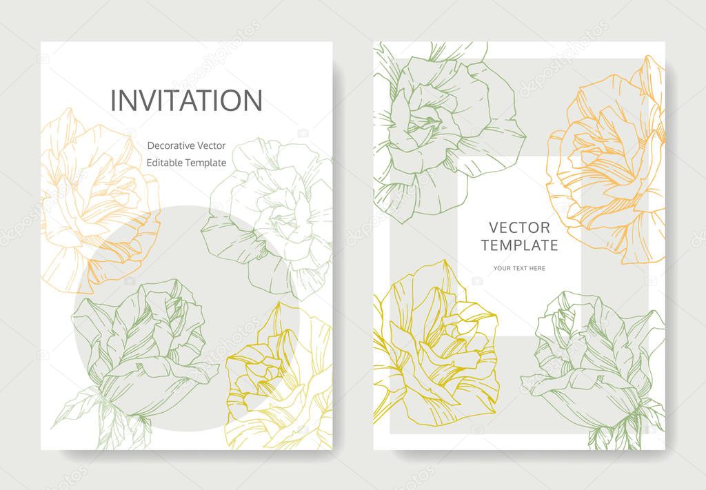 White cards with rose flowers. Wedding cards with floral decorative engraved ink art. Thank you, rsvp, invitation elegant cards illustration graphic set banners. 