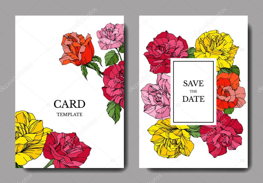 White cards with rose flowers. Wedding cards with floral decorative engraved ink art. Thank you, rsvp, invitation elegant cards illustration graphic set banners. 