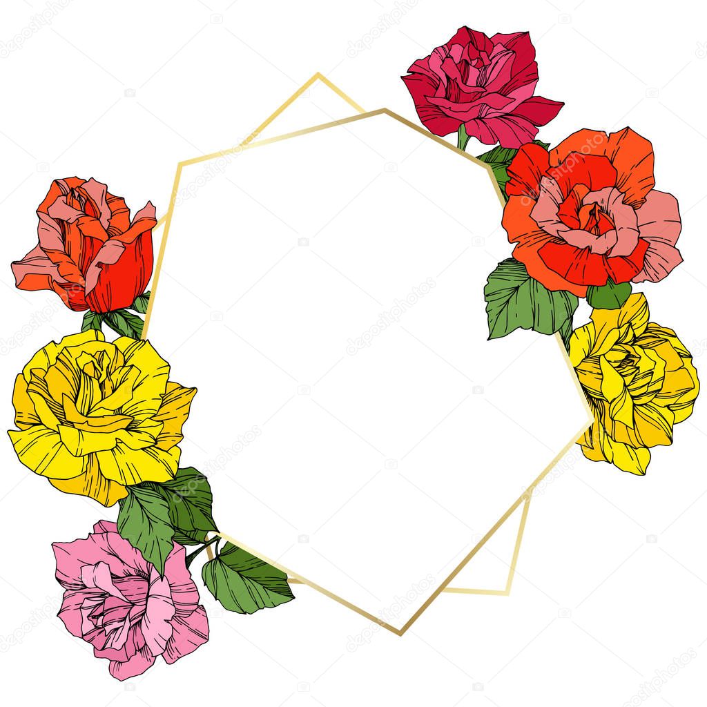 Vector Roses. Floral botanical flowers. Orange, pink and yellow engraved ink art. Frame golden crystal. Geometric polygon crystal shape.