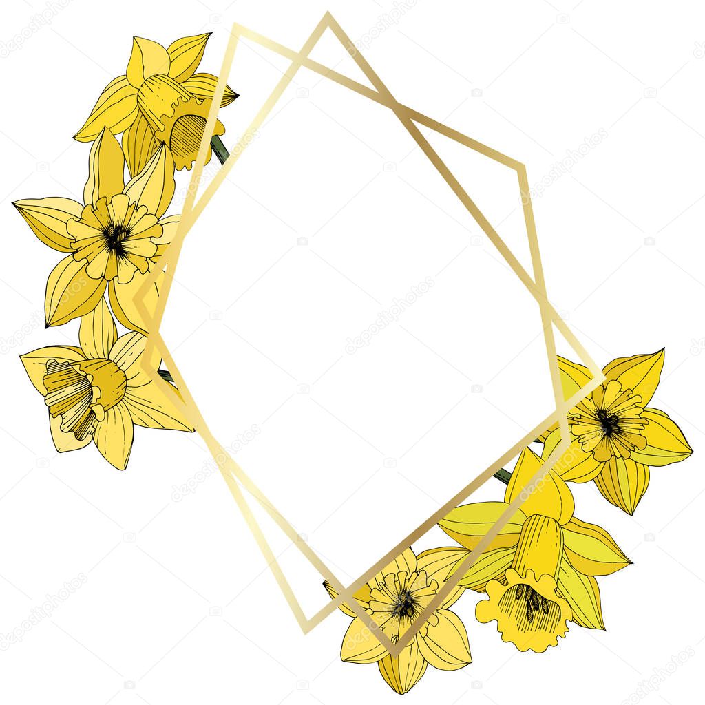 Vector Narcissus flowers. Yellow engraved ink art. Frame border ornament on white background polyhedron mosaic shape.
