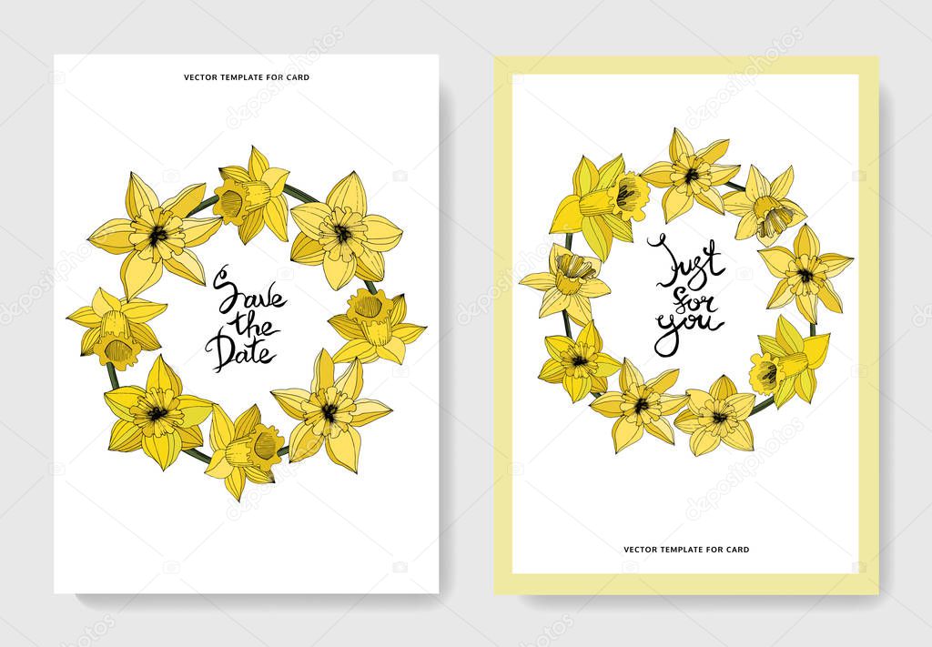 Vector Narcissus flowers. Wedding cards with floral decorative borders. Yellow engraved ink art. Thank you, rsvp, invitation elegant cards illustration graphic set banners.