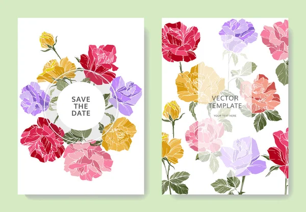 Λευκές Κάρτες Ροδαλά Λουλούδια Κάρτες Γάμου Floral Διακοσμητικά Χαραγμένο Μελάνι — Διανυσματικό Αρχείο