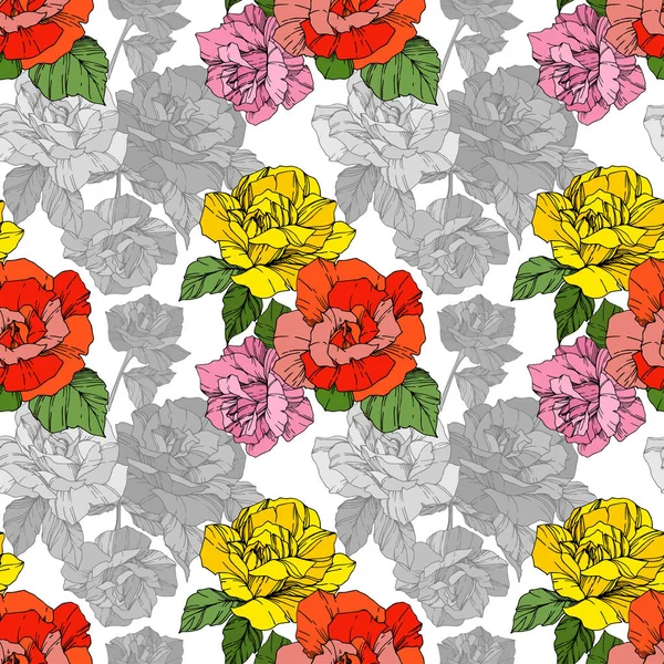 Belles Roses Vectorielles Encre Gravée Couleur Orange Jaune Modèle Fond — Image vectorielle