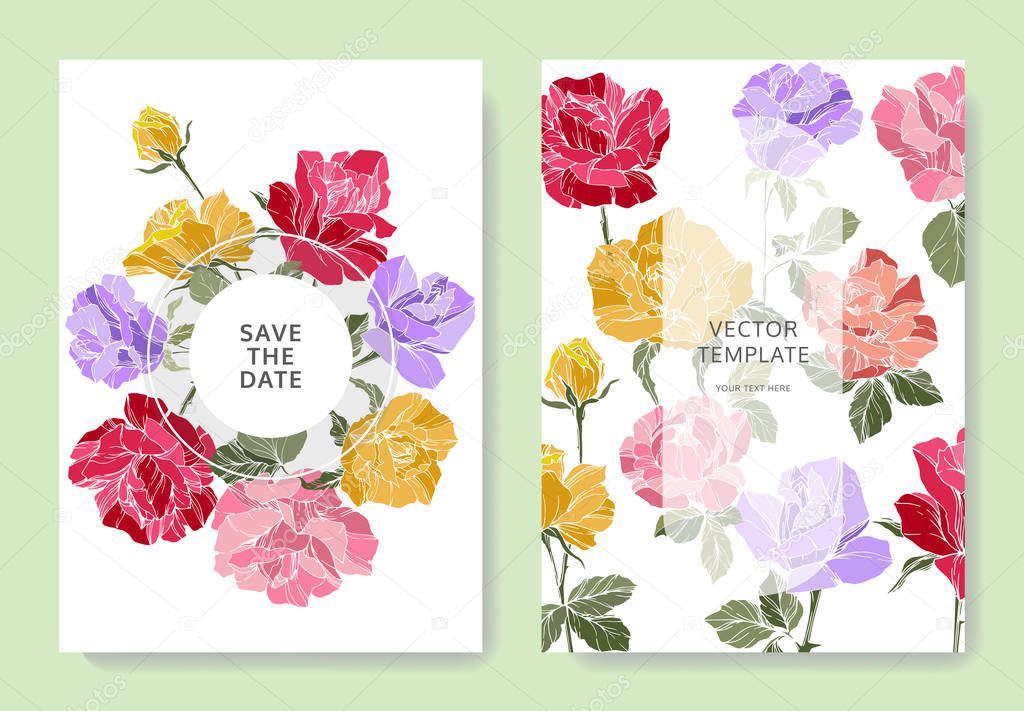 White cards with rose flowers. Wedding cards with floral decorative engraved ink art. Thank you, rsvp, invitation elegant cards illustration graphic set banners. 