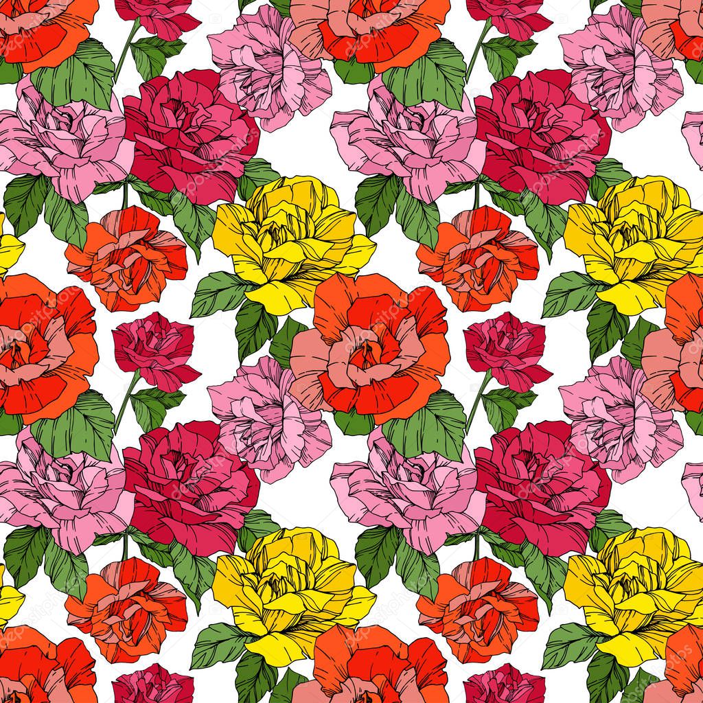 Beautiful vector roses. Orange and yellow engraved ink art. Seamless background pattern. Fabric wallpaper print texture. 