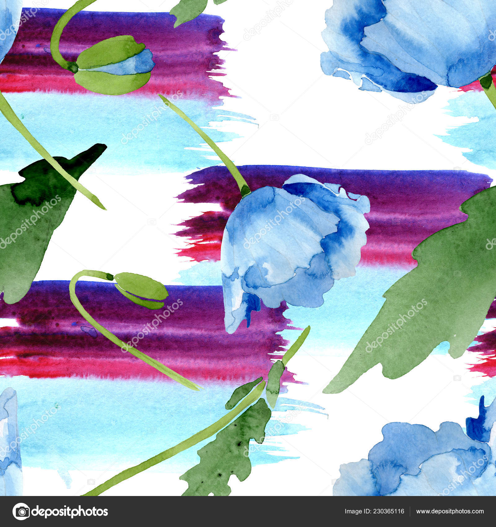 美しい白で隔離緑の葉と青いけしの花 水彩画背景イラスト Aquarelle シームレスな背景パターン 壁紙印刷手触りの生地 ストック写真 C Andreyanush