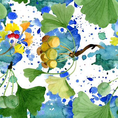 Güzel yeşil ginkgo biloba yaprakları üzerinde beyaz izole ile. Suluboya arka plan illüstrasyon. Sorunsuz arka plan deseni. Kumaş duvar kağıdı yazdırma doku.