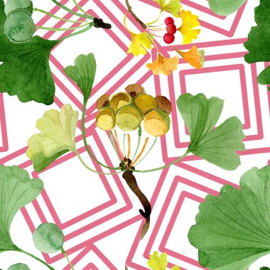 Güzel yeşil ginkgo biloba yaprakları üzerinde beyaz izole ile. Suluboya arka plan illüstrasyon. Sorunsuz arka plan deseni. Kumaş duvar kağıdı yazdırma doku.