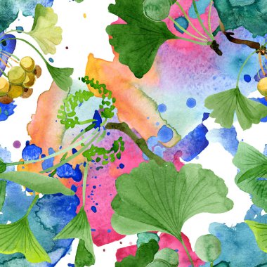 Güzel yeşil ginkgo biloba yaprakları üzerinde beyaz izole ile. Suluboya arka plan illüstrasyon. Sorunsuz arka plan deseni. Kumaş duvar kağıdı yazdırma doku.