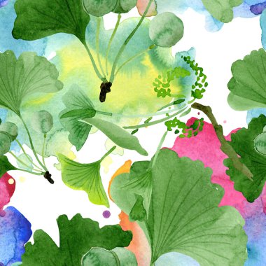 Güzel yeşil ginkgo biloba yaprakları üzerinde beyaz izole ile. Suluboya arka plan illüstrasyon. Sorunsuz arka plan deseni. Kumaş duvar kağıdı yazdırma doku.