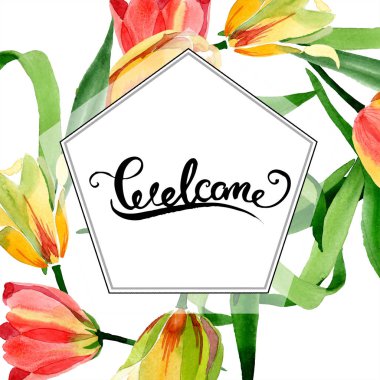 Güzel sarı laleler beyaz izole yeşil yaprakları ile. Suluboya arka plan illüstrasyon. Hoş geldiniz hat.