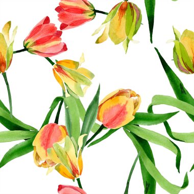 Güzel sarı laleler beyaz izole yeşil yaprakları ile. Suluboya arka plan illüstrasyon. Suluboya çizim moda aquarelle. Çerçeve kenarlığı süsleme.