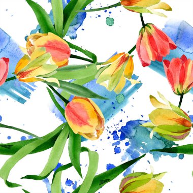 Güzel sarı laleler beyaz izole yeşil yaprakları ile. Suluboya arka plan illüstrasyon. Suluboya çizim moda aquarelle. Çerçeve kenarlığı süsleme.