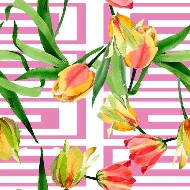 Güzel sarı laleler beyaz izole yeşil yaprakları ile. Suluboya arka plan illüstrasyon. Suluboya çizim moda aquarelle. Çerçeve kenarlığı süsleme.