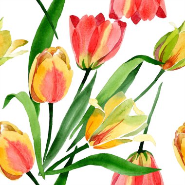 Güzel sarı laleler beyaz izole yeşil yaprakları ile. Suluboya arka plan illüstrasyon. Suluboya çizim moda aquarelle. Çerçeve kenarlığı süsleme.