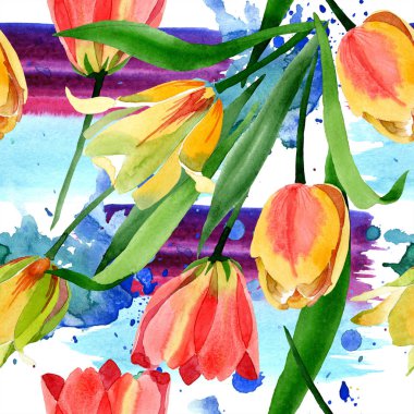 Güzel sarı laleler beyaz izole yeşil yaprakları ile. Suluboya arka plan illüstrasyon. Suluboya çizim moda aquarelle. Çerçeve kenarlığı süsleme.