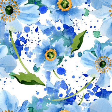 Güzel mavi haşhaş çiçekleri beyaz izole yeşil yaprakları ile. Suluboya arka plan illüstrasyon. Suluboya aquarelle. Sorunsuz arka plan deseni. Kumaş duvar kağıdı yazdırma doku.