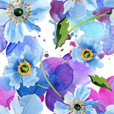 Güzel mavi haşhaş çiçekleri beyaz izole yeşil yaprakları ile. Suluboya arka plan illüstrasyon. Suluboya aquarelle. Sorunsuz arka plan deseni. Kumaş duvar kağıdı yazdırma doku.