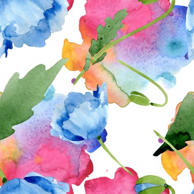 Güzel mavi haşhaş çiçekleri beyaz izole yeşil yaprakları ile. Suluboya arka plan illüstrasyon. Suluboya aquarelle. Sorunsuz arka plan deseni. Kumaş duvar kağıdı yazdırma doku.