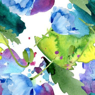 Güzel mavi haşhaş çiçekleri beyaz izole yeşil yaprakları ile. Suluboya arka plan illüstrasyon. Suluboya aquarelle. Sorunsuz arka plan deseni. Kumaş duvar kağıdı yazdırma doku.