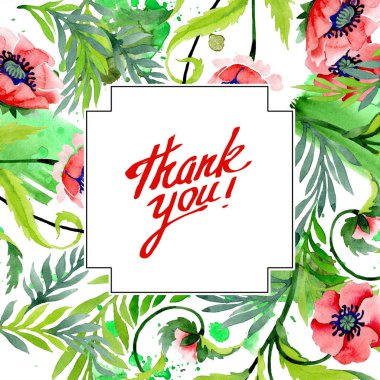 Beyaz izole güzel kırmızı haşhaş ile süsleme. Suluboya arka plan illüstrasyon. Suluboya çizim moda aquarelle. Çerçeve kenarlığı çiçek süsleme. Teşekkür ederim yazıt