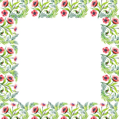 Beyaz izole güzel kırmızı haşhaş ile süsleme. Suluboya arka plan illüstrasyon. Suluboya çizim moda aquarelle. Çerçeve kenarlığı çiçek süsleme.