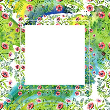 Beyaz izole güzel kırmızı haşhaş ile süsleme. Suluboya arka plan illüstrasyon. Suluboya çizim moda aquarelle. Çerçeve kenarlığı çiçek süsleme.