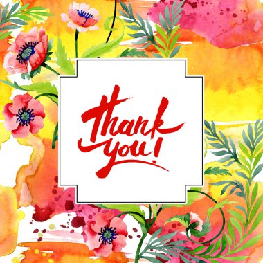 Beyaz izole güzel kırmızı haşhaş ile süsleme. Suluboya arka plan illüstrasyon. Suluboya çizim moda aquarelle. Çerçeve kenarlığı çiçek süsleme. Teşekkür ederim yazıt