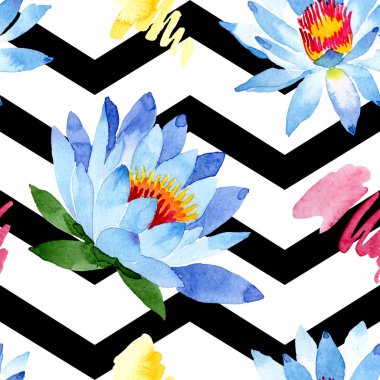 Mavi lotus çiçekleri. Suluboya arka plan illüstrasyon. Suluboya aquarelle. Sorunsuz arka plan deseni. Kumaş duvar kağıdı yazdırma doku.