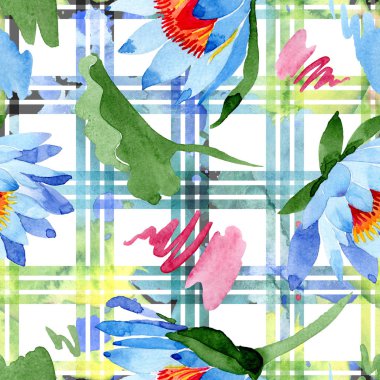 Mavi lotus çiçekleri. Suluboya arka plan illüstrasyon. Suluboya aquarelle. Sorunsuz arka plan deseni. Kumaş duvar kağıdı yazdırma doku.
