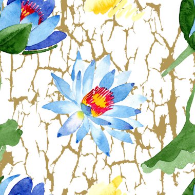 Blue lotus flowers. Watercolor background illustration. Watercolour aquarelle. Seamless background pattern. Fabric wallpaper print texture. clipart
