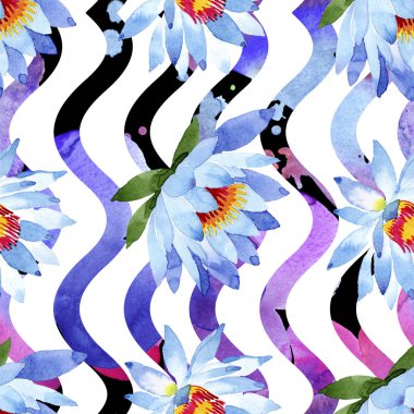 Mavi lotus çiçekleri. Suluboya arka plan illüstrasyon. Suluboya aquarelle. Sorunsuz arka plan deseni. Kumaş duvar kağıdı yazdırma doku.