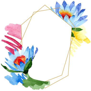 Güzel mavi lotus çiçekleri beyaz izole. Suluboya arka plan illüstrasyon. Suluboya aquarelle. Çerçeve kenarlığı süsleme. Kristal elmas taş takı maden.