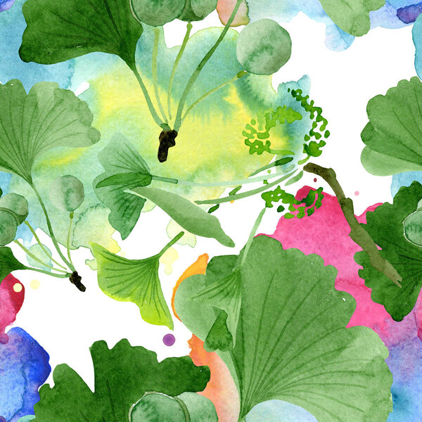 Beautiful green ginkgo biloba with leaves isolated on white. Watercolor background illustration. Seamless background pattern. Fabric wallpaper print texture.