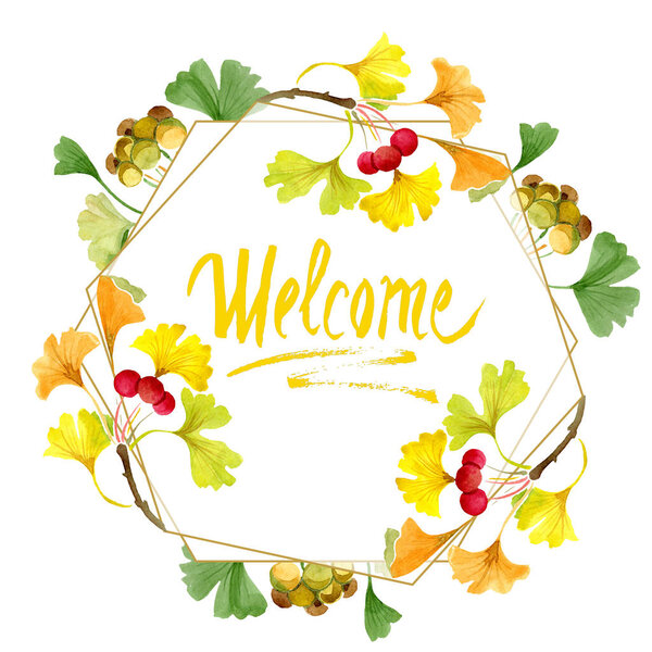 Зеленый гинкго билоба с листьями, изолированными на белом. Акварельная фоновая иллюстрация. Аквариум акварель акварель акварель изолирован на белом. Оформление рамы. Приветственная надпись
