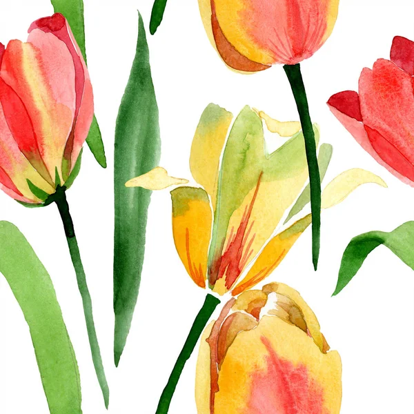 Bellissimi Tulipani Gialli Con Foglie Verdi Isolate Bianco Illustrazione Acquerello — Foto Stock