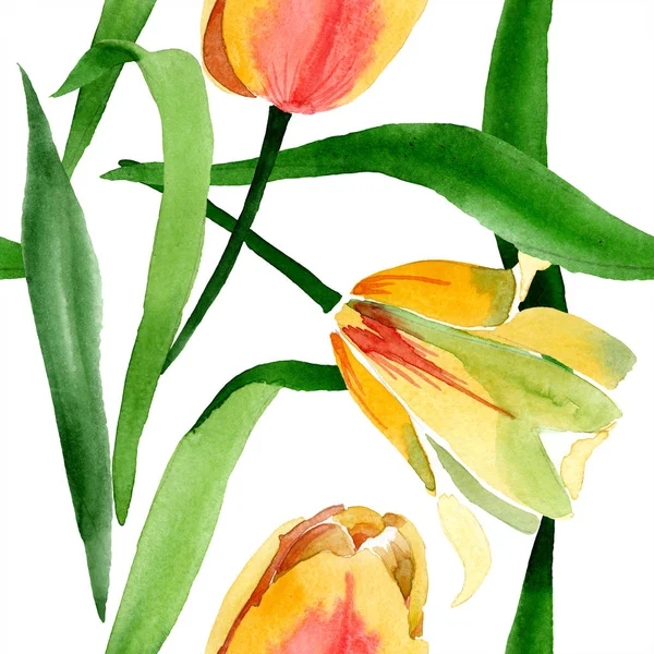 Beautiful Yellow Tulips Green Leaves Isolated White Watercolor Background Illustration — Free Stock Photo