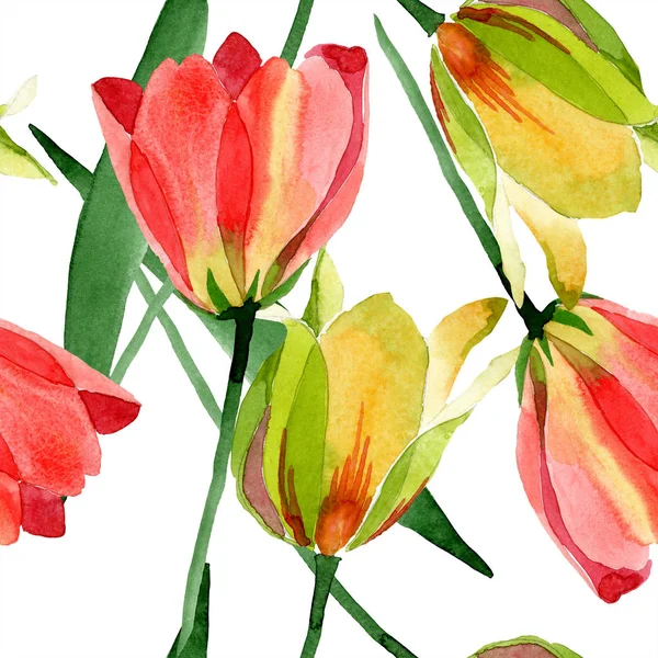 Beautiful Yellow Tulips Green Leaves Isolated White Watercolor Background Illustration — Stock Photo, Image