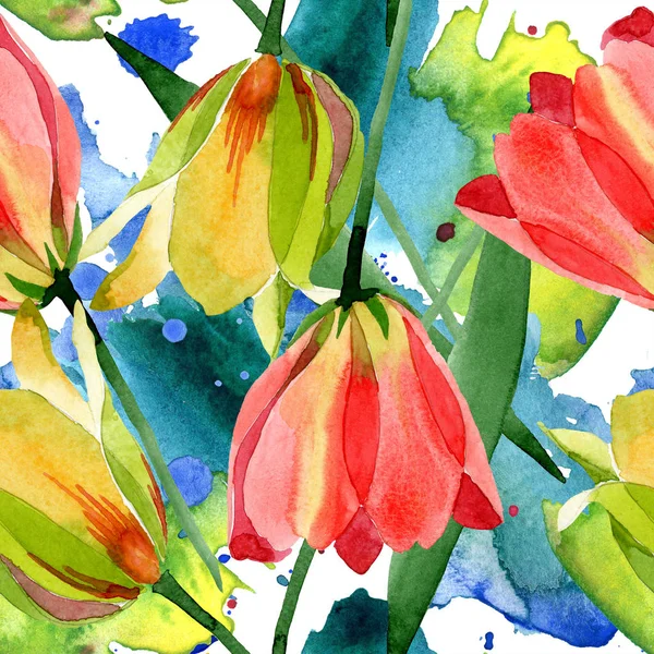 Hermosos Tulipanes Amarillos Con Hojas Verdes Aisladas Blanco Ilustración Fondo — Foto de Stock