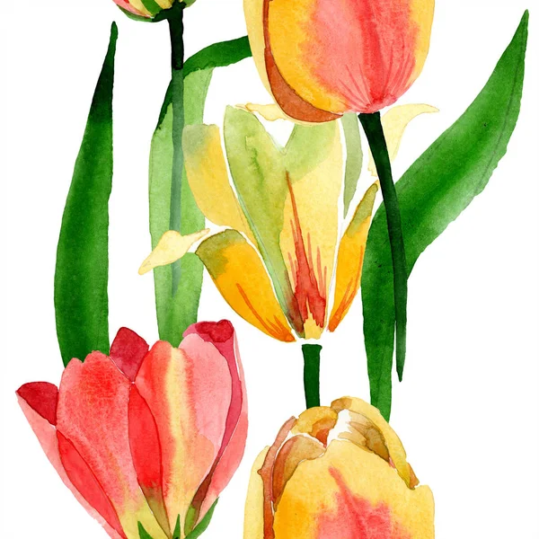 Beautiful Yellow Tulips Green Leaves Isolated White Watercolor Background Illustration — Free Stock Photo