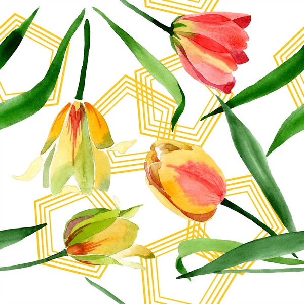 Beautiful Yellow Tulips Green Leaves Isolated White Watercolor Background Illustration — Free Stock Photo