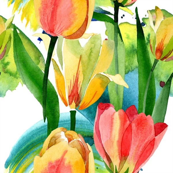Piękne Żółte Tulipany Zielonych Liści Białym Tle Ilustracji Tle Akwarela — Zdjęcie stockowe
