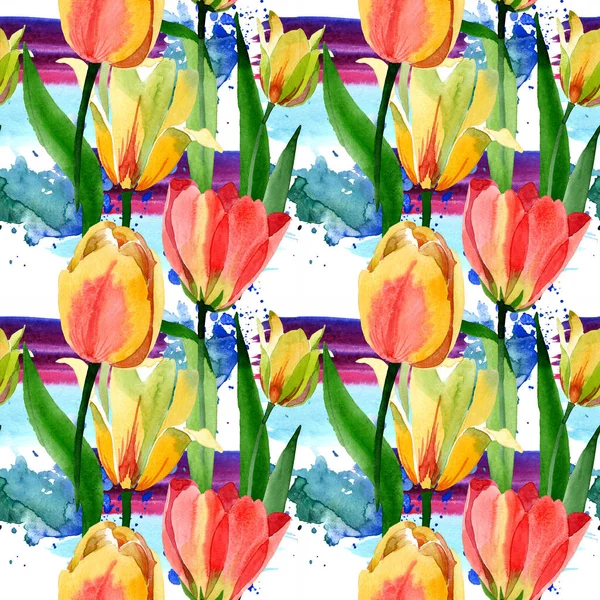 Bellissimi Tulipani Gialli Con Foglie Verdi Isolate Bianco Illustrazione Acquerello — Foto Stock