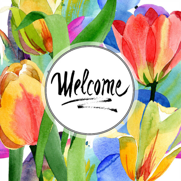 Beautiful yellow tulips with green leaves isolated on white. Watercolor background illustration. Welcome calligraphy.