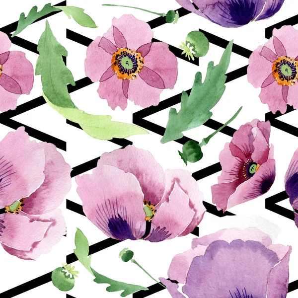 Beautiful Burgundy Poppy Flowers Watercolor Background Illustration Seamless Background Pattern — Free Stock Photo