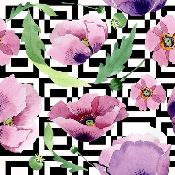 Прекрасні Бордові Макові Квіти Ілюстрація Акварельного Фону Безшовний Візерунок Тла — Безкоштовне стокове фото