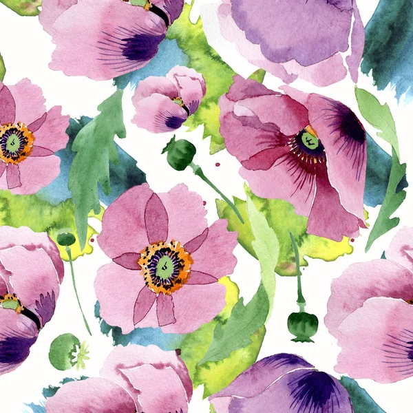 Beautiful Burgundy Poppy Flowers Watercolor Background Illustration Seamless Background Pattern — Stock Photo, Image