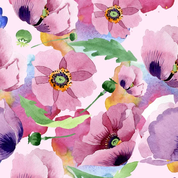 Красивые Бургундские Маковые Цветы Акварельная Фоновая Иллюстрация Бесшовный Рисунок Фона — стоковое фото